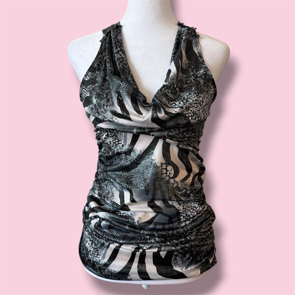 Euro Italian Y2K black & white zebra print cowl neck top with lace back detail